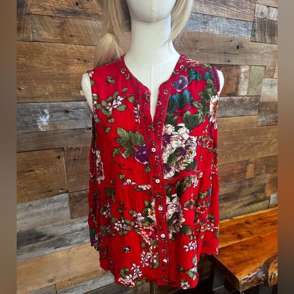 🌺 “Billa” Red Floral Sleeveless Peplum Top – Size XL - Picture 3 of 16